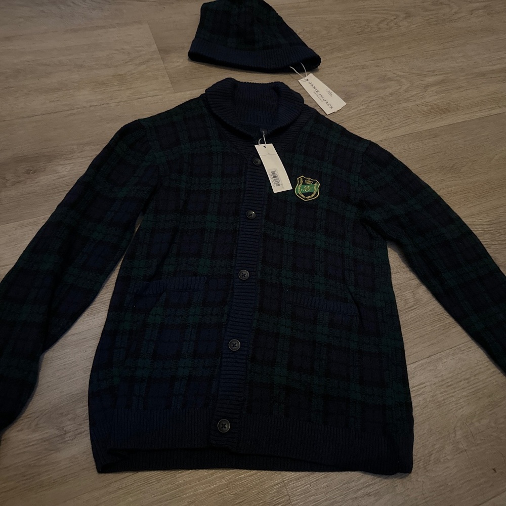 Janie and Jack blue plaid cardigan with hat